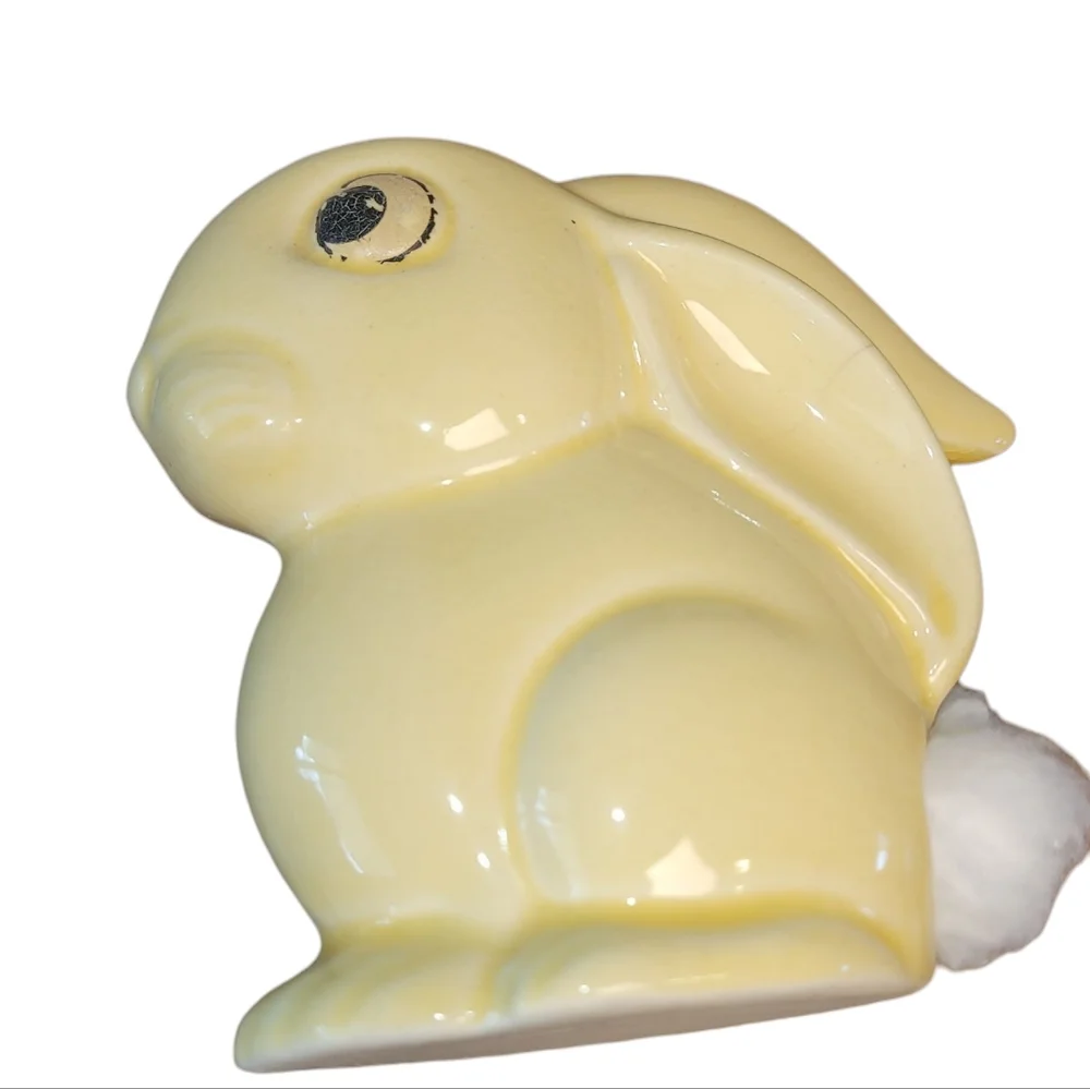 Charming Yellow Ceramic Bunny Figurine Cotton Ball Dispenser